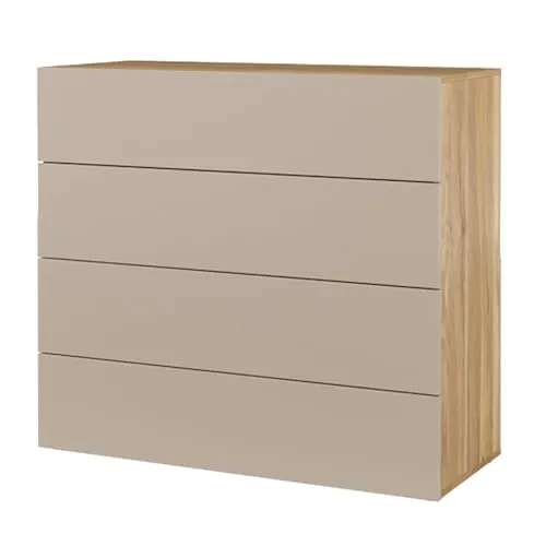 Lomadox Schlafzimmer Gästezimmer Schlafzimmerkommode Schubladenkommode Kommode mit 4 Schubkästen in Eiche mit beige
