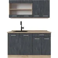 Vicco Küchenzeile R-Line, Schwarz Beton/Goldkraft Eiche, 140 cm - Küchenzeilen für kleine Räume, kompakt und flexibel mit höhenverstellbaren Füßen für ergonomisches Kochen.