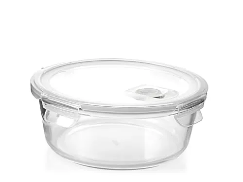 H&H Runder Glasbehälter mit Deckel und Ventil – 970 ml – Durchmesser 18 cm – für Backofen, Mikrowelle, Spülmaschine – mit luftdichter Silikondichtung