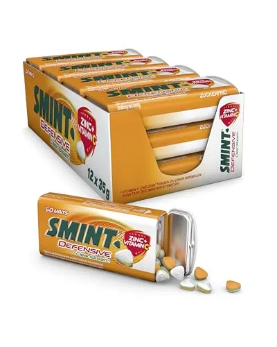 Smint Defensive Clean Breath, Metall-Dose enthält 50 Pastillen mit Orangen-Minz Geschmack, zuckerfreie Dragees mit Zink & Vitamin C (1 x 50 Stück)