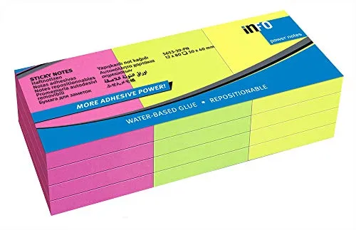 inFO Notes POWER Notes, extrastarke Haftkraft, brilliantmix Haftnotizen, 50 x 40mm, 80 Blatt pro Block, 12 Blöcke pro Pack, 5653-39-PN