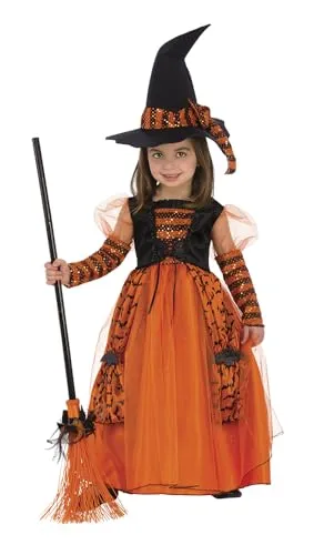 Rubies Glänzendes Hexenkostüm für Mädchen, Kinderkleid in Orange, mit Glitzerdetails und Hut mit Pailletten für Halloween, Karneval, Geburtstag und Weihnachten