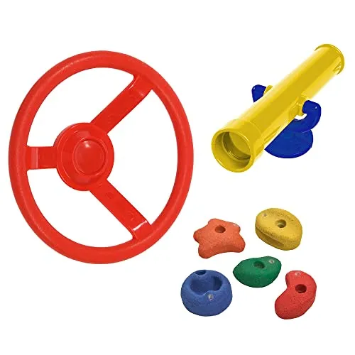 Wickey Spielturm-Spielzeugset Basic - Schaukeln mit Zubehör für Spieltürme, enthält ein Teleskop-Lenkrad und 5 bunte Klettersteine, ideal für kreative Spielstunden ab 3 Jahren.