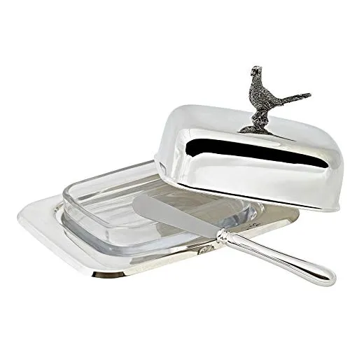 EDZARD Butterdose Fasan - Elegante Butterglocke aus Silber & Glas - Edel versilberte Butterdose für 250 g Butter, inklusive Buttermesser und Glasschale. Hochwertiges Design, das Aroma schützt und Ihre Tafel verschönert.