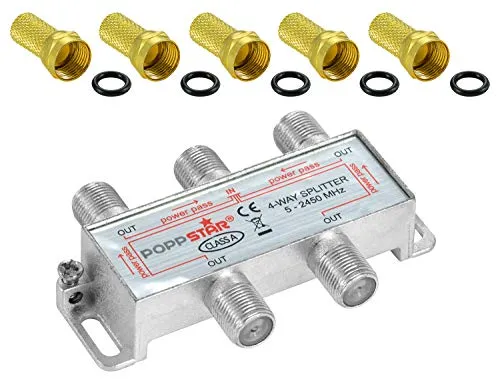 Poppstar Sat-Verteiler Splitter Umschalter 4-Fach inkl. F-Stecker (analog/digital/BK/unicable/HD/4K tauglich) für TV, Satellit, Fernseher, Radio, LNB