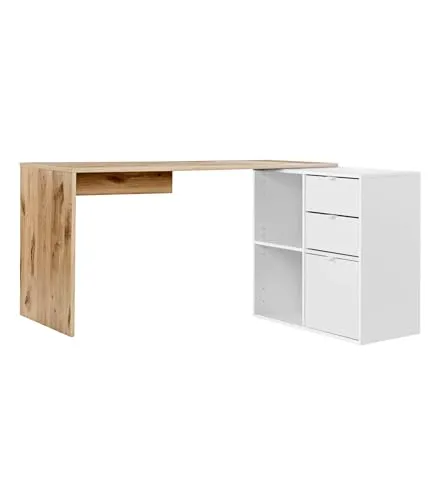 mokebo Eckschreibtisch Der Produktive - PC Tisch in Eiche/Schwarz - Kinderschreibtisch mit konfigurierbarem Stauraum und flexiblen Stellmöglichkeiten, ideal für kreative Ideen und effizientes Arbeiten.