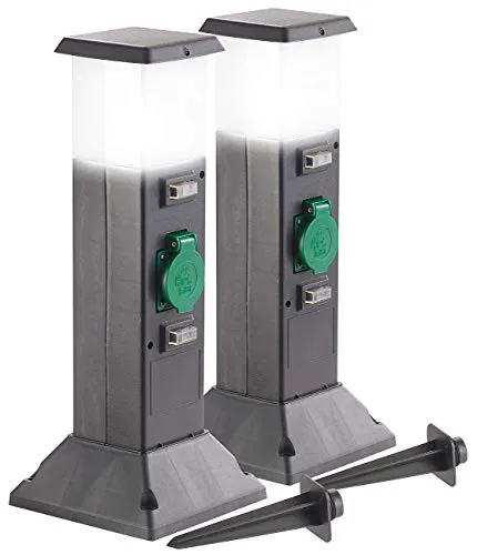 Royal Gardineer Energiesäule Garten: 2er-Set 2-fach-Garten-Steckdosen mit Beleuchtung, IP44 (Energiesäule Garten mit Licht, Energiesäule Garten mit Schalter, Wegeleuchten)