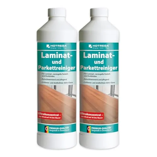 HOTREGA Laminat Reiniger - Parkett Reiniger 1 Liter Konzentrat - Bodenreiniger für Volllaminat, Parkett und Korkböden, reinigt mühelos und wirkt rutschhemmend, schützt vor Schmutz und Feuchtigkeit, reinigt bis zu 1000 m² pro Liter.