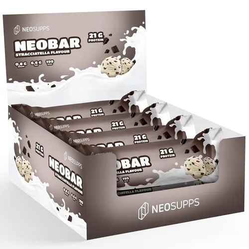 Neosupps Protein Riegel NeoBar Stracciatella 12x60g – 21g Protein, zuckerarm - Genieße unseren NEOBAR Stracciatella mit 21g hochwertigem Protein pro Riegel. Ideal für Fitness-Fans, zuckerarm und ohne Palmöl – perfekt für deinen aktiven Lebensstil. Made in Germany!