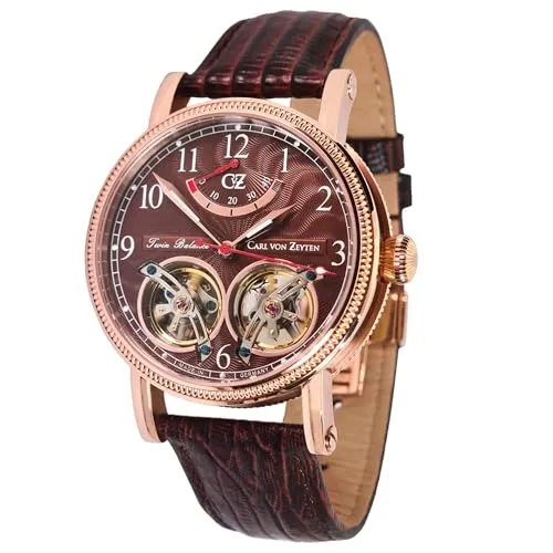 Carl von Zeyten CVZ033RBR Bernau Automatik Herrenuhr 43mm - Elegante Herrenuhr mit Twin Balance - Herrenuhren mit Automatikwerk, Twin Balance und Power Reserve für präzise Zeitmessung. Stilvolles Design in Roségold und braunem Lederarmband, 3 ATM wasserdicht.