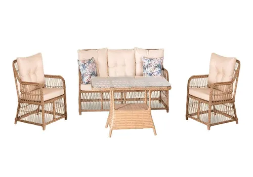 Gartenmöbel Sofagarnitur 4tlg. aus Rattan - Moderne Lounge Set für 5 Personen, inklusive 3-Sitzer Sofa, Sessel und Tisch. UV-geschützt und wasserresistent, ideal für entspannte Stunden im Freien.