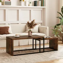 Couchtisch-set Holz In Rustikalbraun Mit Metallgestell, 2-teilig, Platzsparend Ineinander Stellbar
