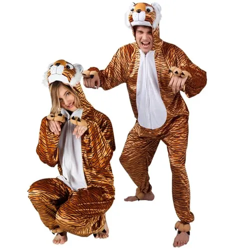 Boland Erwachsenen-Kostüm Tiger - Plüsch Kapuzen-Overall für Karneval - Das Boland Tigerkostüm für Erwachsene in Größe XL begeistert mit weich gepolsterten Krallen und einem praktischen Reißverschluss. Ideal für Karneval und Mottopartys, sorgt es für warmen Tragekomfort an kalten Tagen.