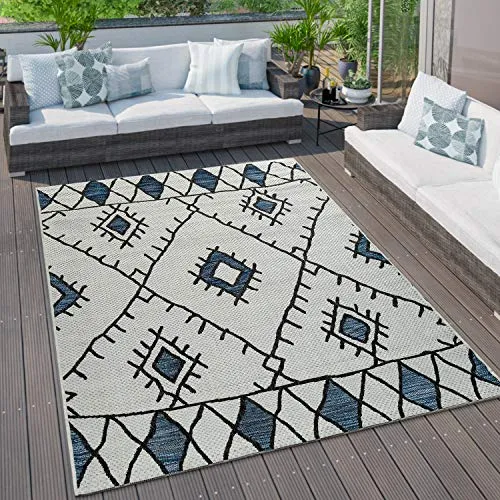 Paco Home Outdoor Teppich Küchenteppich Balkon Terrasse Verschiedene Muster Farben Größen, Grösse:80x150 cm, Farbe:Blau