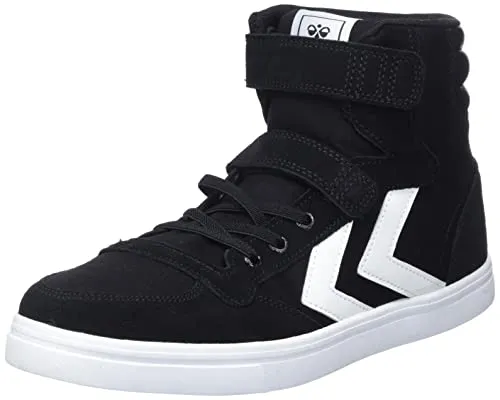 Hummel Unisex Kinder Slimmer Stadil High Jr Hohe Sneaker, Schwarz, 28 EU - Hochwertige Sneaker für Kinder mit robustem Leder-Obermaterial, atmungsaktivem Mesh-Innenfutter und praktischem Klettverschluss für einfaches An- und Ausziehen.