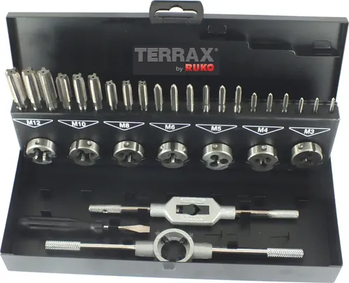 Terrax A245013 Gewindewerkzeugsatz 31-teilig - Gewindebohrer & Schneideisen, umfangreicher 31-teiliges Set für präzises Gewindeschneiden und -bearbeiten