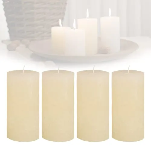 Candelo 4er Set Rustic Stumpenkerzen - Creme - Stumpenkerzen mit langer Brenndauer von ca. 54 Stunden, ideal für stimmungsvolle Dekoration im Wohnbereich oder als Weihnachtskerzen für den Adventskranz.