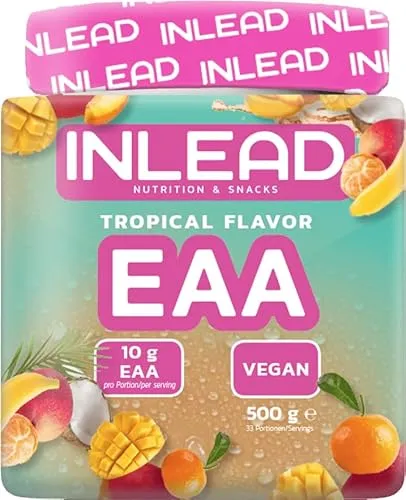 INLEAD - EAA Pulver | 10.000 mg essentielle Aminosäuren pro Portion | Unterstützt Muskelschutz, Regeneration & Leistungsfähigkeit | Optimale Löslichkeit - 500g (Tropical)