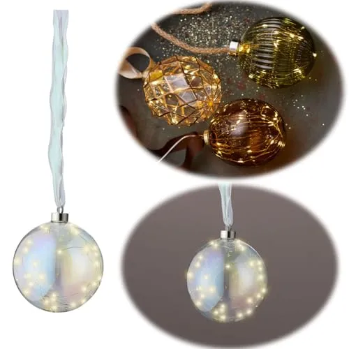 LS-LebenStil Deko XL Glas Lichtkugel 30 LED 14cm Iris Regenbogen Band Timer Batterie Leuchtkugel innen zum Anhängen Weihnachtsdeko Weihnachtskugel Weihnachtsbeleuchtung Fensterdeko Batteriebetrieben