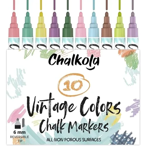 Chalkola Vintage Kreidestifte für Tafel Abwaschbar - 10 Kreidemarker Pastell 6mm Umkehrbare Spitze | Kreide Stift für Fenster, Tafel, Keramik & als Glasstift. Chalk markers für Erwachsene & Kinder