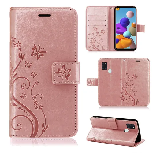 Handy Tasche für Samsung Galaxy A21s Hülle Case Etui Flip Cover Blume Rosegold