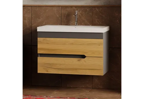 Karen Waschtisch-Set Marmara 85 cm - Waschtisch Set mit Unterschrank und Waschbecken, innovatives Design in Anthrazit, bietet optimalen Waschplatz und Stauraum, ideal für moderne Badezimmer.