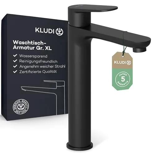 KLUDI-X1 Waschtischarmatur - Wassersparender Wasserhahn Bad Schwarz Matt - Touch-On-Wasserhähne für Badezimmerwaschbecken, edles Mattschwarz vereint Design und Funktion, ideal für Familienbäder, mit hochwertigem Strahlformer für angenehmen Wasserfluss.