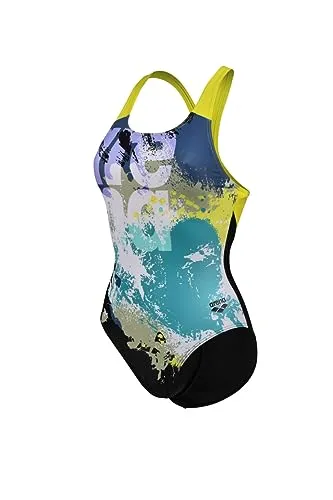 Arena Waves Breaking Print V-Back Badeanzug - Damen Badeanzug für Fitness-Schwimmen, chlorbeständig und schnelltrocknend, aus 80% recyceltem Material mit UV-Schutz 50+, ideal für Sport und Freizeit im Wasser.