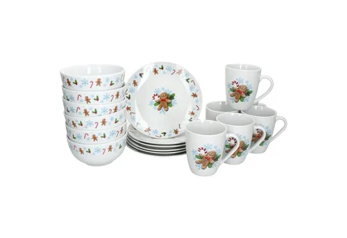 MamboCat Frühstücks-Geschirrset 18tlg. Candyman für 6 Personen - Geschirr-Frühstücksset mit fröhlichem Weihnachtsmotiv aus robustem Porzellan, spülmaschinen- und mikrowellengeeignet – ideal für festliche Frühstücke und Adventsbrunch.