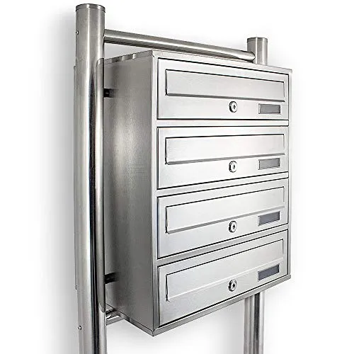 BITUXX Edelstahl 4er Standbriefkastenanlage - Moderne Briefkastenanlage aus Edelstahl, verschließbar mit 4 Fächern - ideal für private und kommerzielle Nutzung.