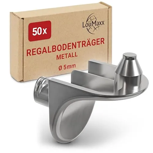LouMaxx Winkelbodenträger mit Doppelzapfen | 50er Set Regalbodenträger | Sicherheits Bodenträger 5mm | Einlegeboden Halter aus Zamak vernickelt