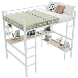 Modfu Hochbett Weiß mit Schreibtisch und Regalen, 90x200 cm - Platzsparendes Hochbett für Kinder- und Jugendzimmer mit integriertem Schreibtisch und Stauraum. Robuster Stahlrahmen und MDF-Elemente sorgen für Stabilität und Langlebigkeit. Ideal für kompaktes Wohnen.