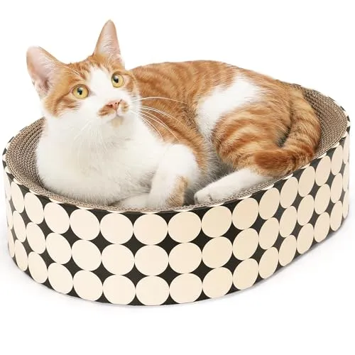 FUKUMARU Kratzbrett Katzen, ovales Kratzbrett für Katzen, Katzenkratzbrett aus hochwertigem Karton, widerstandsfähig Kratzmöbel, Schützt Ihre Möbel ，Kratzen & Ausruhen，Polka-Punkte