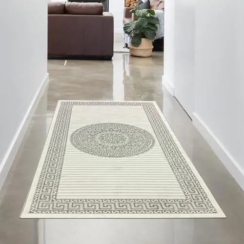 CARPETIA Teppich Wohnzimmerteppich modernalisch elegant glänzend Diele Läufer kurz Teppich Kurzflor Flur Creme grau 60x110 cm