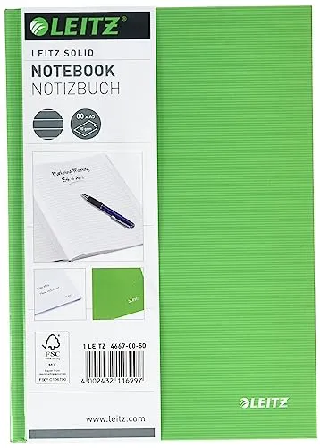 Leitz A5 Notizbuch liniert, 160 Seiten, 80 Blatt FSC zertifiziertes 80 g/m² Papier, Stabiler, kratzfester Hardcover-Einband, Für Büro, Schule oder als Tagebuch, Solid Serie, Hellgrün, 46670050