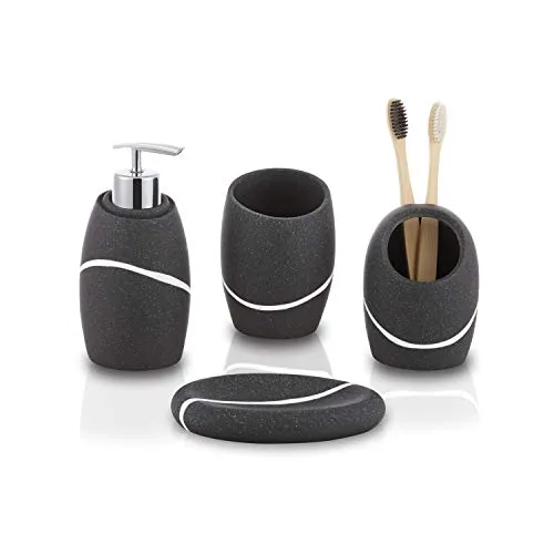 ZCCZ Badezimmer Set – 4-teiliges Organizer-Set mit Zahnbürstenhalter, Seifenspender, Schale für Kosmetik und Wattestäbchen – Elegante Deko in Steinoptik, schwarz für modernes Bad