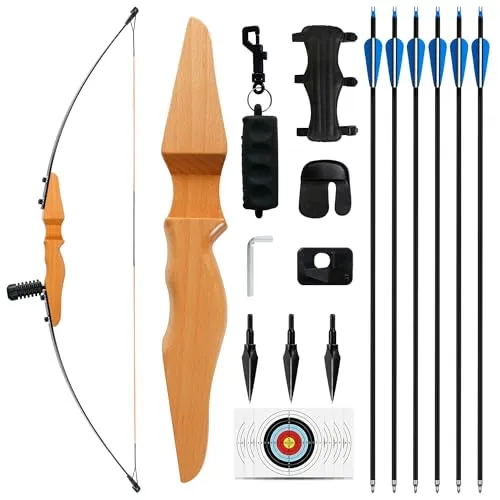 SERfawnCH Pfeil und Bogen 30lbs Set für Erwachsene und Anfänger - Recurve Jagdbogen mit Carbon Pfeilen, Bogenschießen Ausrüstung (Holzbogen, Einsteiger)