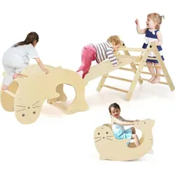 GOPLUS 6-in-1 Klettergerüst für Kinder - Multifunktionales Klettergerüst mit klappbarer Leiter, Rutsche, Seelöwen-Wippe und Kletterbogen. Fördert motorische Fähigkeiten und bietet Platz für kreatives Spielen.