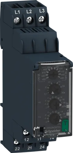 Schneider Electric RM22TR33 Phasenüberwachungsgerät - Lastkreisüberwachung. Überwacht Drehstromnetze auf Phasenfolge, Phasenausfall und Spannungsabweichungen mit einstellbaren Grenzwerten und Diagnoseschalter für einfache Tests.