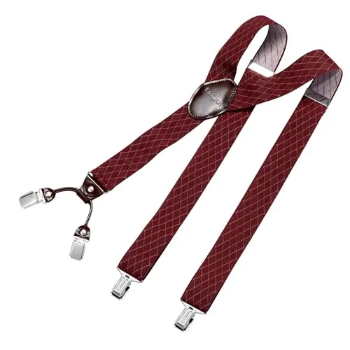 DonDon Hosenträger Herren extra stark Raute rot 3,5 cm Hosenträger Herren breit mit brauem Leder in Y-Form lang - Starke Clips passend für Anzug Jeans Chinos Vintage Rockabilly Suspenders