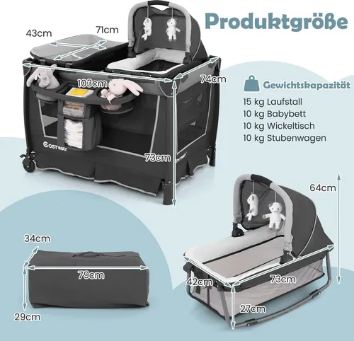 5-in-1 Faltbares Babybett mit Wickelauflage und Babywanne