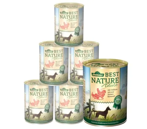 Dehner Best Nature Hundefutter, Nassfutter getreidefrei, für ausgewachsene Hunde, Lachs / Geflügel / Reis, 6 x 400 g Dose (2.4 kg)