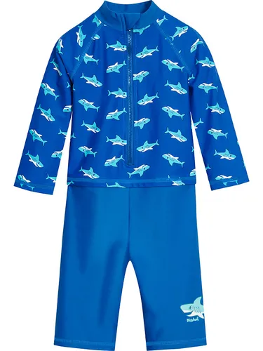 Playshoes Badeanzug in Blau, Größe 98/104 - Baby-Bademode mit UV-Schutz 50+, schnelltrocknend und ideal für kleine Wasserratten. Der bequeme Stehkragen und der Kinnschutz sorgen für zusätzlichen Komfort.