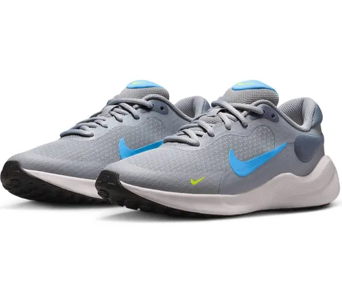 Nike Revolution 7 Schuh für ältere Kinder, Cement Grey/University Blue-Light C, FB7689-009, 38.5 EU (6Y US) - Bequemer Sneaker mit kissenweichem Knöchelkragen für höchsten Tragekomfort. Stylisches Design und optimale Dämpfung sorgen für Unterstützung beim Laufen und Spielen. Ideal für aktive Kinder, die Komfort und Stil schätzen.