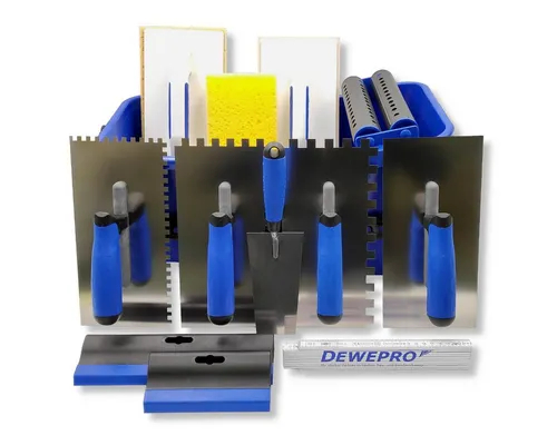DEWEPRO Fliesenrollenwasch-Set 15-teilig - Reinigungsbürsten – Professionelles Fliesenleger-Waschset mit 15 hochwertigen Werkzeugen in robuster 20L Box mit Rollen für effizientes Arbeiten.
