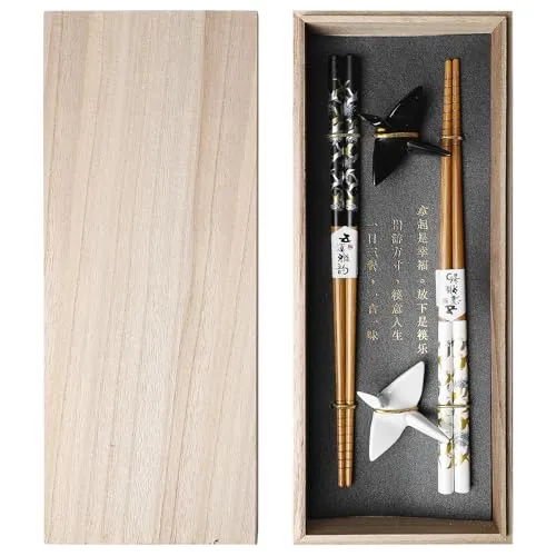 BAIFULAI 2 Paar Sushi Essstäbchen Set, Sushi Stäbchen Holz mit Keramik Paper Crane Halter, Nachhaltig Chopsticks Japanisch Chinesisch Koreanisch Taiwanesisch, Japan Geschenk