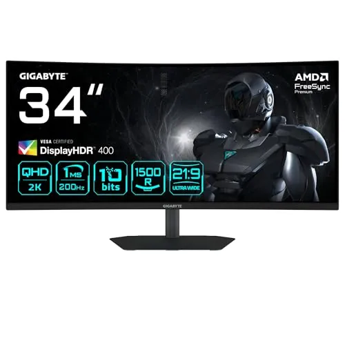 GIGABYTE G34WQC2 Curved Gaming Monitor 34 Zoll - 34 Zoll Curved Gaming Monitor mit 144Hz Bildwiederholrate für ein flüssiges Spielerlebnis und beeindruckende Bildqualität.