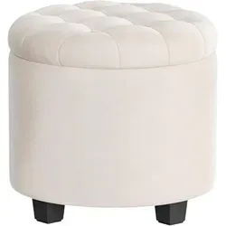 SONGMICS Runder Hocker mit Stauraum, Ankleidehocker mit Füßen, 45 x 45 x 44,5 cm, Samt, maximale Belastung 150 kg, für Wohnzimmer, Schlafzimmer, Creme-Weiß