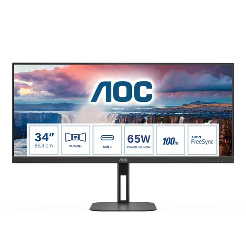 AOC U34V5C - 34 Zoll WQHD Monitor mit höhenverstellbarem Standfuß, USB-C Anschluss und integrierten Lautsprechern für ein beeindruckendes Seherlebnis