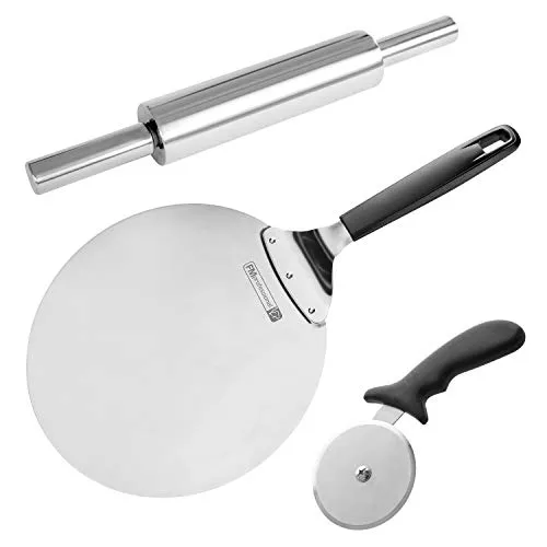 FMprofessional Pizza-Set – Edelstahl Pizzaheber, Schneidrad und Teigroller für perfekte Pizza